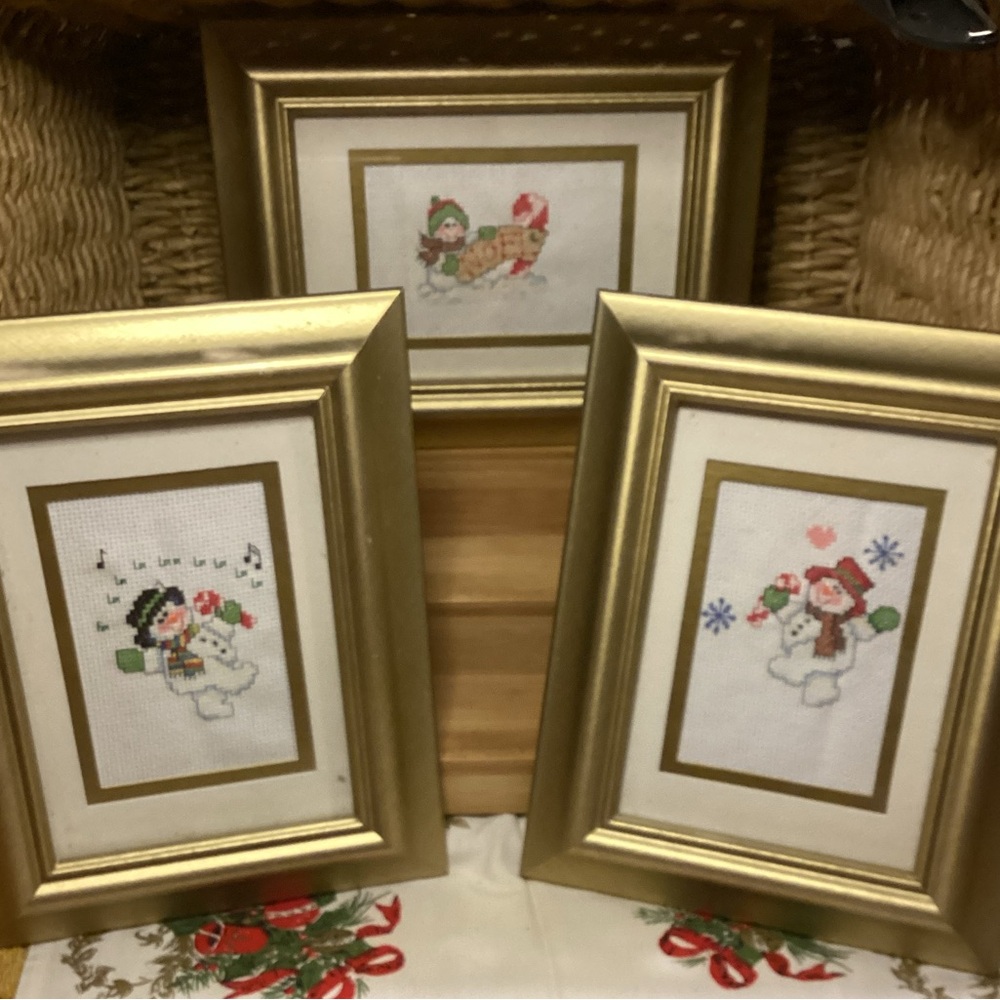 Christmas Snowman Cross Stitch Gold Framed Wall Art Set of 3 Handmade